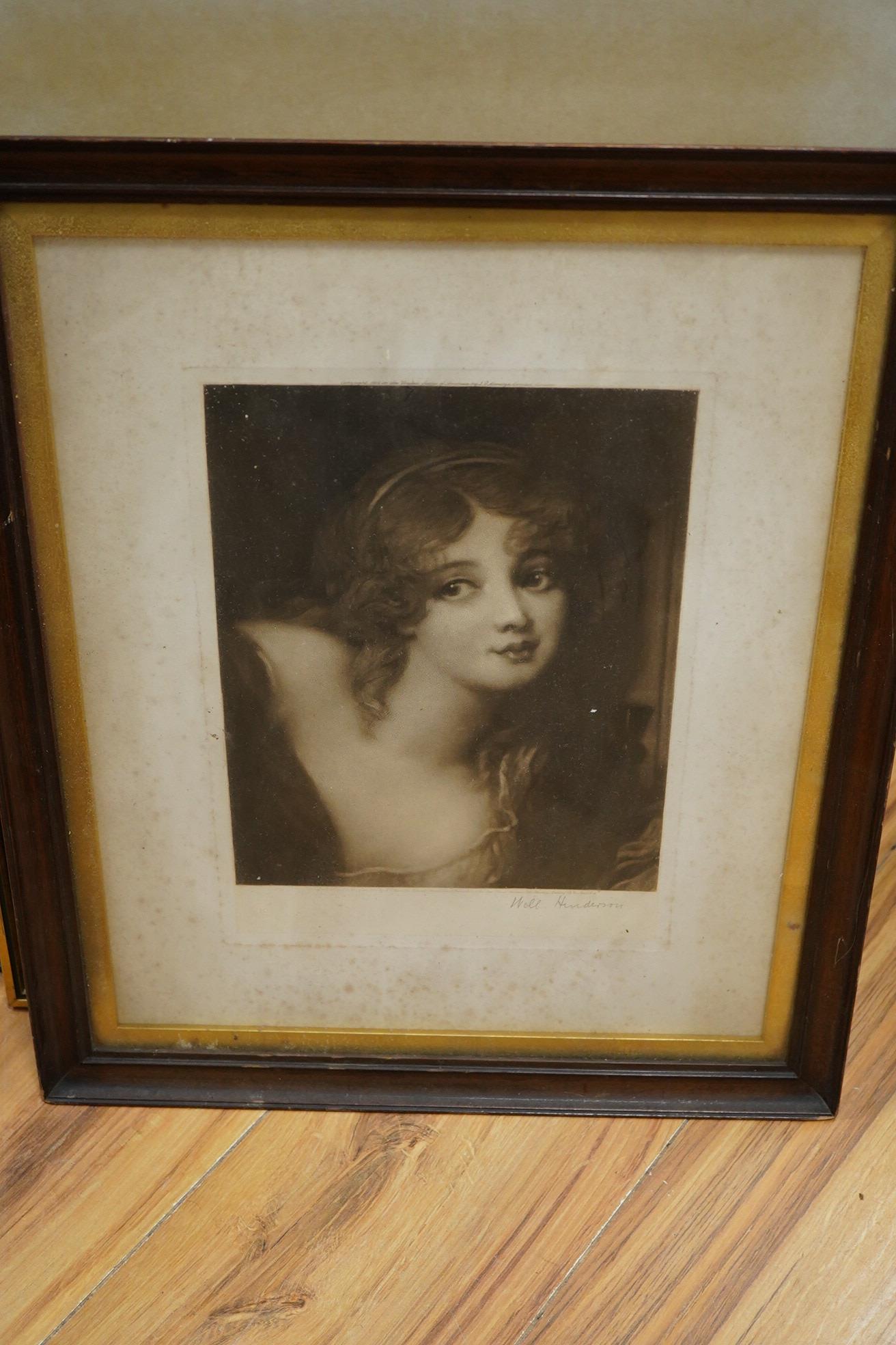 A collection of six 18th century style colour mezzotints: Lady Hamilton by A Macbeth-Raeburn, Miss Stanton by William Walker, others by Will Henderson, Francis S Walker and Daniel A Wehrschmidt